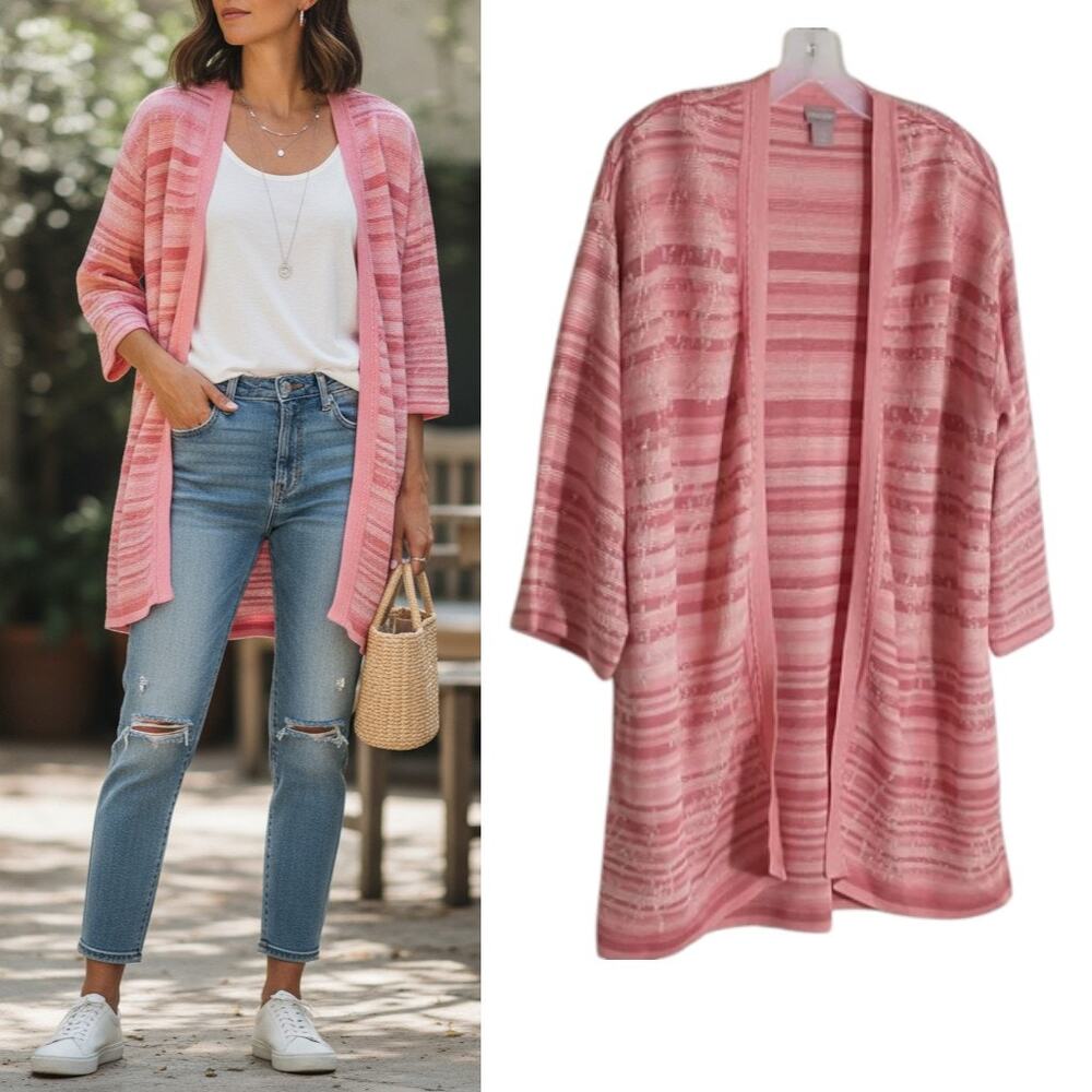 Chico's Open Front Cardigan Wmn's Sz L Pink White Stripe Stretch Knit Long Line